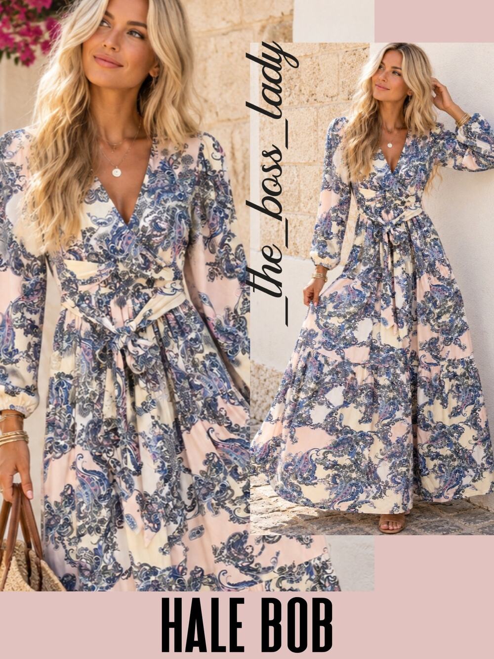 Hale Bob maxi dress tiered skirt floral print long sleeve Small